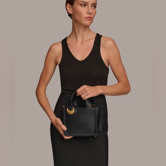 NWT Donna Karan Hewlett Leather Top Handle Buckle Crossbody Black/Gold - Picture 2 of 7